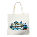 cream-coloured canvas material; full-colour Melbourne cityscape print; green tram image included; two long shoulder handles; rectangular shape with flat bottom;