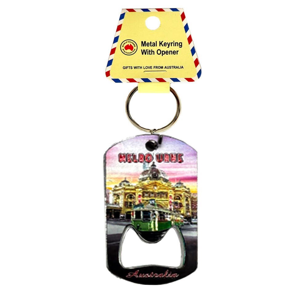 Metal keyring attached; Bottle opener feature integrated; Colourful Melbourne cityscape print; Rectangular shape with rounded top;