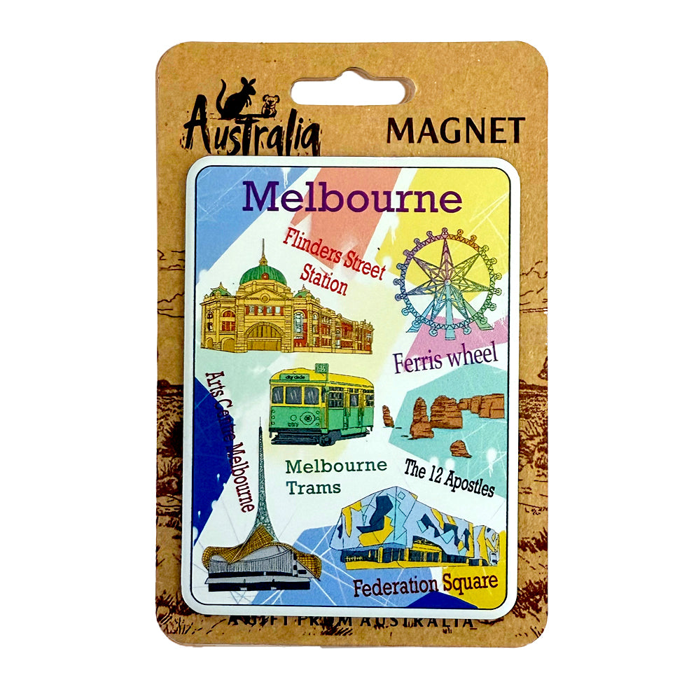 Rectangular magnet with rounded corners; Colourful illustrations of Melbourne landmarks; Includes text labels for landmarks; Mounted on brown kraft-style cardboard packaging; Metal material with a glossy finish;