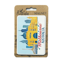 rectangular metal magnet; illustration of Melbourne buildings; yellow and blue colour scheme; packaged on brown backing card; hanging hole for display;