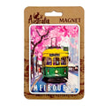 Rectangular metal magnet; Colourful illustration of Melbourne tram; Yellow and green tram with pink blossom background; White MELBOURNE text at bottom; Packaged on brown backing card;