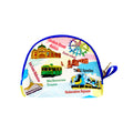 Neoprene material; Colourful Melbourne landmarks print; Blue zipper and trim; Compact rounded shape; Small fabric loop on side;