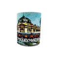 green base colour; Melbourne cityscape print; neoprene material; cylindrical shape; text 'MELBOURNE' printed;
