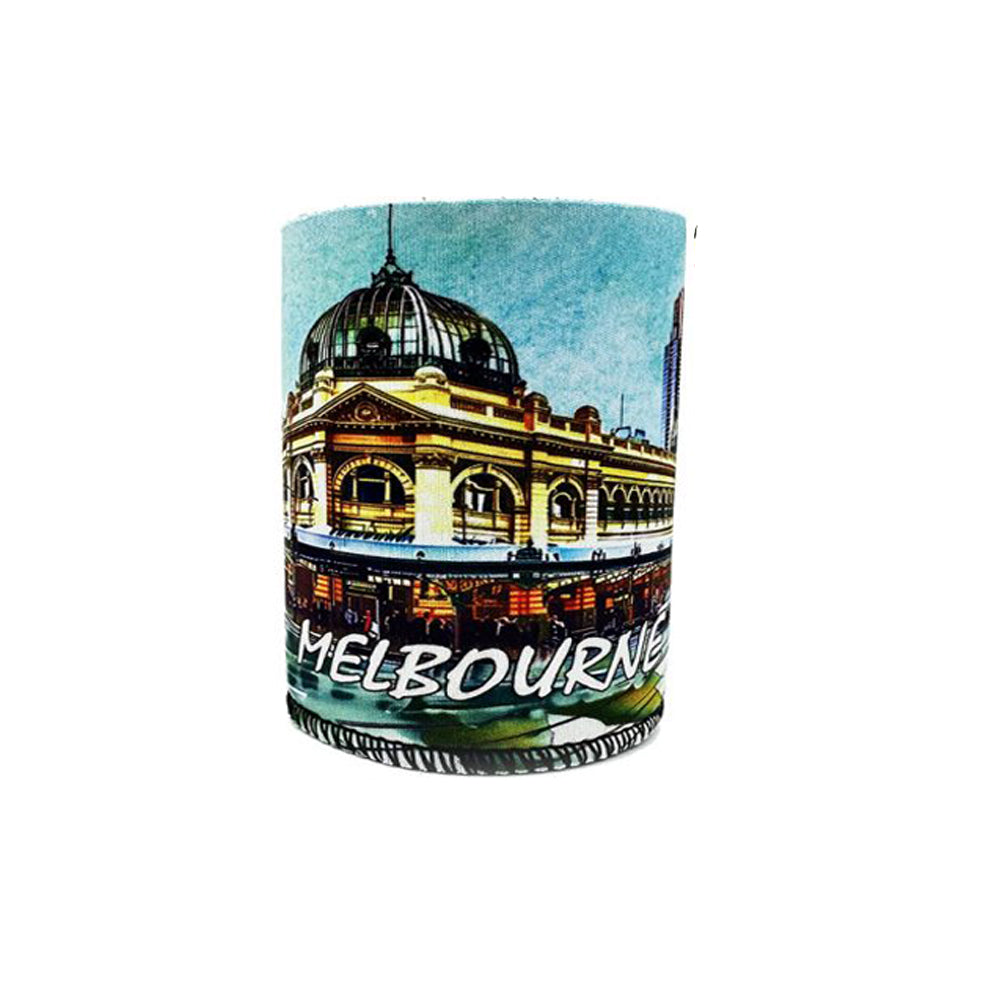 green base colour; Melbourne cityscape print; neoprene material; cylindrical shape; text 'MELBOURNE' printed;
