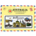 Rectangular white number plate with black border; Coloured illustrations of Melbourne landmarks; Yellow cardboard backing with red and blue striped border; Souvenir magnet printed with "Melbourne Australia" text;