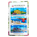 three rectangular number plate magnets; colourful illustrations of Melbourne landmarks and wildlife; packaged on floral background card; each magnet shaped like a vehicle number plate;