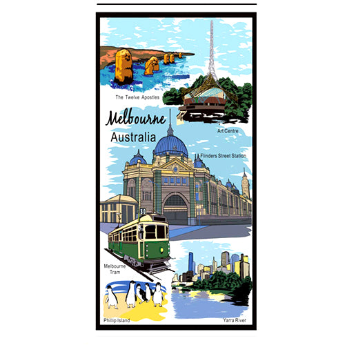 Printed cotton tea towel; Light blue background; Illustrations of Melbourne landmarks; Multi-coloured print; Rectangular shape;