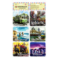 Set of 6 square coasters; Colourful printed scenes of Melbourne and landmarks; Made of smooth PVC material; Each coaster has a unique design;