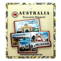 puzzle-shaped magnet; coloured photographic images; depicts Flinders Street Station; shows Luna Park, Twelve Apostles, skyline; packaged on branded card backing;