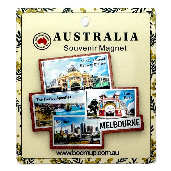 puzzle-shaped magnet; coloured photographic images; depicts Flinders Street Station; shows Luna Park, Twelve Apostles, skyline; packaged on branded card backing;