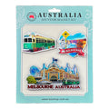 packaged set of 3 PVC magnets; colourful printed designs; Melbourne city landmarks; bright blue hanging card packaging; each magnet features different iconic Melbourne images;