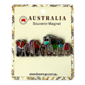 Multicoloured text spelling 'Melbourne'; Classic Melbourne tram graphic; PVC material; Mounted on printed backing card; Beige card with floral border;