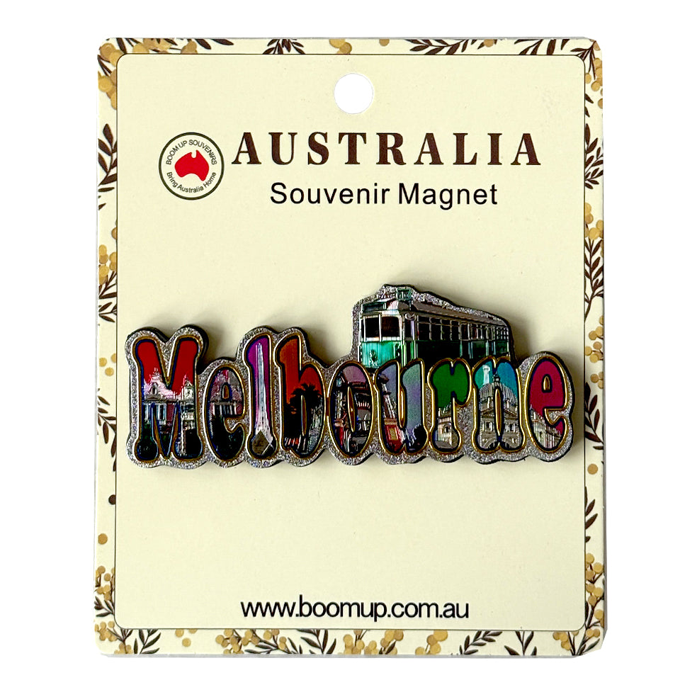 Multicoloured text spelling 'Melbourne'; Classic Melbourne tram graphic; PVC material; Mounted on printed backing card; Beige card with floral border;