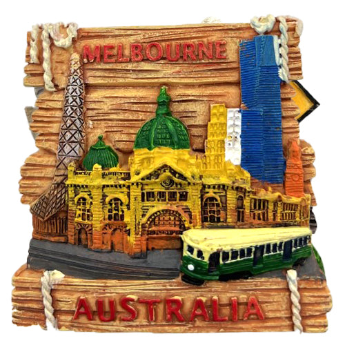 depicts Melbourne city landmarks; multicolour with green, yellow, blue accents; text 'Melbourne' and 'Australia' in red; 3D textured resin material; includes tram and buildings design;