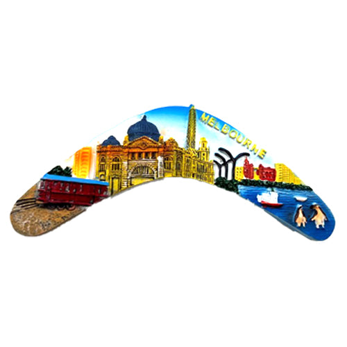 curved shape; colourful Melbourne landmarks; red tram detail; resin material; blue sky background;
