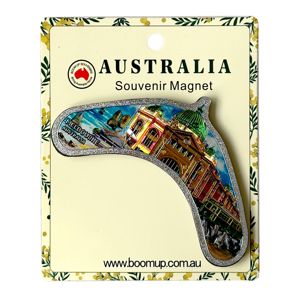 boomerang shape; colourful Melbourne landmarks image; PVC material; glittery silver border; packaged on cream card with floral border;