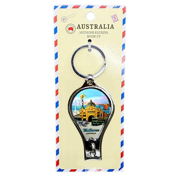 metal keyring with attached nail clipper; souvenir design featuring Melbourne's Flinders Street Station; packaged on card with airmail border; metallic finish on clipper;