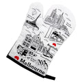 white fabric oven mitten; black printed Melbourne landmarks; red heart shapes; fabric loop for hanging;
