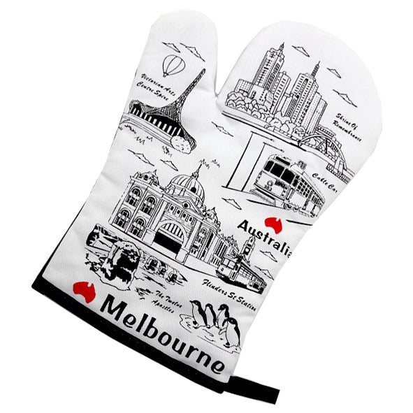 white fabric oven mitten; black printed Melbourne landmarks; red heart shapes; fabric loop for hanging;