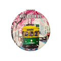 round shape; Melbourne tram design; pink and yellow colours; foldable compact mirror; glossy finish;