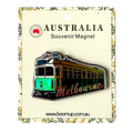 trademark Melbourne tram shape; vibrant green and yellow colours; PVC material with a shiny finish; packaged on decorative card backing; 'Melbourne' lettering in script style;