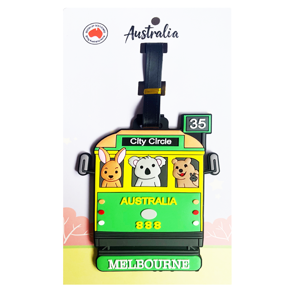 Bright green and yellow tram shape; Cartoon kangaroo, koala, and wombat characters; Number 35 and City Circle signage; Black adjustable strap attached; 'MELBOURNE' text on tram front;