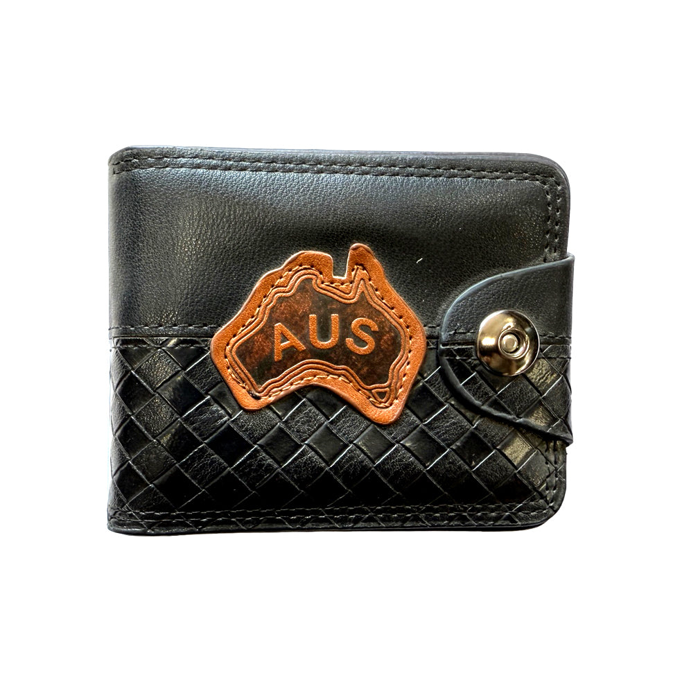black faux leather material; brown embossed Australia map emblem; button snap closure; woven texture pattern on lower half;