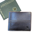 dark brown colour; bi-fold wallet shape; textured leather material; stitch detailing on front; packaged in green Australia box;