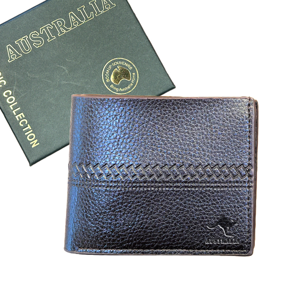 dark brown colour; bi-fold wallet shape; textured leather material; stitch detailing on front; packaged in green Australia box;