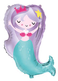 mermaid shape; pastel colours; purple hair and aqua tail; pink shell bikini top; yellow starfish accessory;