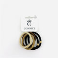 Five elastic hair ties in neutral colours: beige, light brown, dark brown and black; Each tie has a textured mesh-style surface; Gold-tone metal bead on each hair tie; Packed on a white branded card labelled as 5 pack;