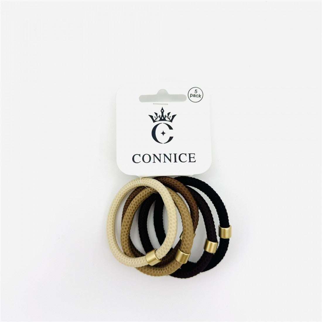 Five elastic hair ties in neutral colours: beige, light brown, dark brown and black; Each tie has a textured mesh-style surface; Gold-tone metal bead on each hair tie; Packed on a white branded card labelled as 5 pack;