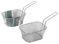 silver metal mesh basket; rectangular shape; long metal wire handle; chrome finish;