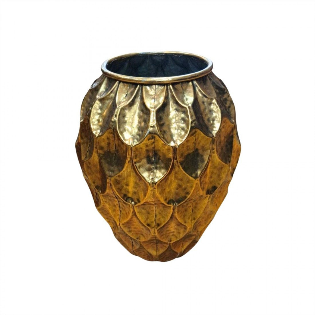 Bulbous metal vase shape; Layered leaf-like textured pattern; Gold and bronze metallic finish; Dark interior lining; Open top with rounded rim;