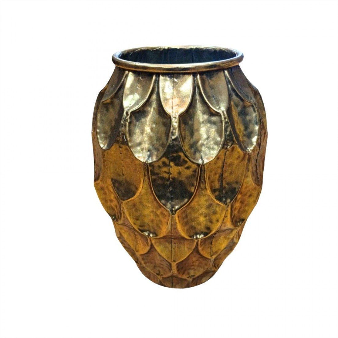 Bulbous metal vase with rounded shape; Layered petal-like embossed pattern; Hammered metallic texture; Bronze-gold and darker toned finish; Open top with smooth rounded rim;