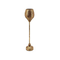 Tall lantern with slim metal stand; Textured gold-coloured finish; Rounded goblet-style top; Circular tiered base for stability;