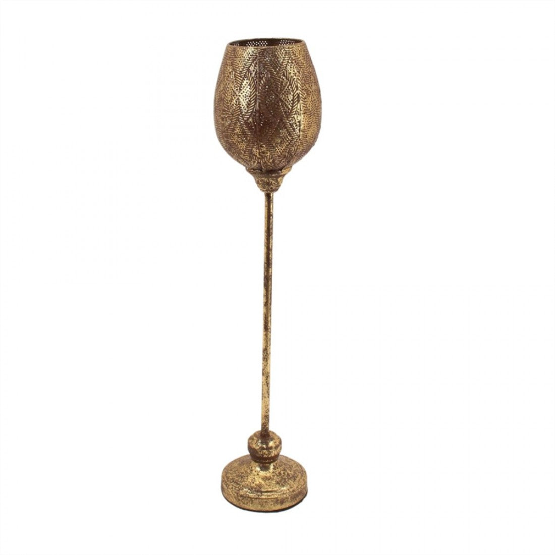 Tall, slim metal lantern on a round base; Antique-style gold finish; Textured, patterned cup resembling leaf motifs; Single upright stem connecting base and lantern cup;