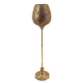 Tall metal lantern on slim pole stand; Gold-coloured, distressed finish; Textured, patterned cup-shaped top; Round stepped base for stability;