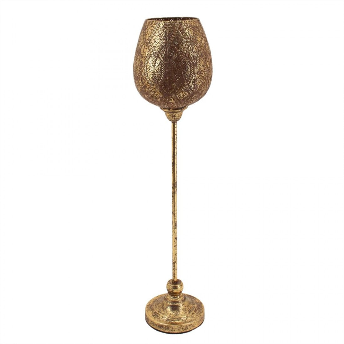 Tall metal lantern on slim pole stand; Gold-coloured, distressed finish; Textured, patterned cup-shaped top; Round stepped base for stability;