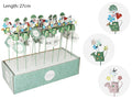 Metal garden stake with watering can shape; Colourful paint including green, pink and blue; Height approx 27cm including stake; Decorative flowers and character figures attached;