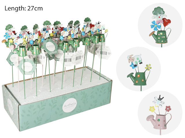Metal garden stake with watering can shape; Colourful paint including green, pink and blue; Height approx 27cm including stake; Decorative flowers and character figures attached;