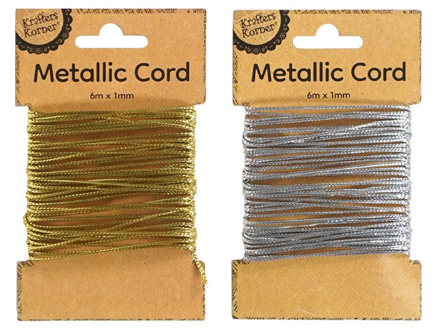 gold metallic cord; silver metallic cord; 6 metres length; 1mm thickness; cardboard packaging;