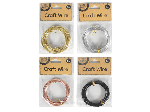 Coiled wire approximately 5 metres long; Four colour options: gold, silver, copper, and black; Each wire pack in clear plastic with brown header card; Header card labelled 'Craft Wire' with 5m length displayed;
