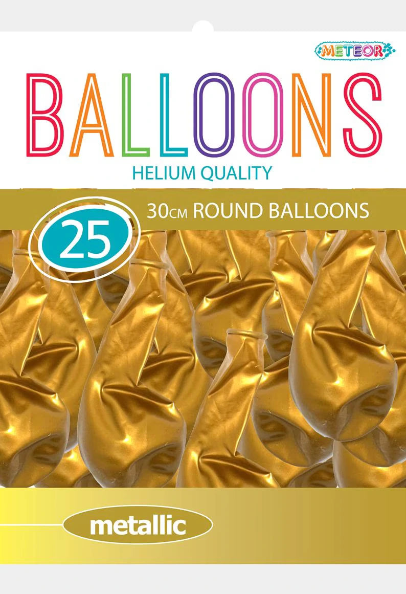 Metallic gold colour; Round balloon shape; Latex material; Packaged as 25 balloons;