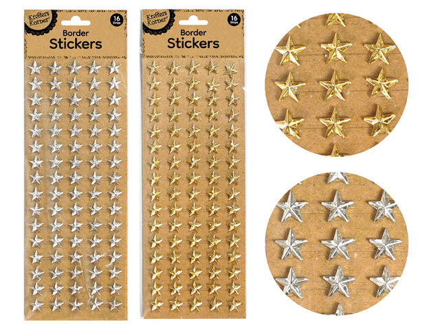 metallic gold star stickers; metallic silver star stickers; star shape; stickers arranged in rows on strips; kraft paper backing cards;