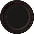 solid black colour; round shape; paper material; slight rim around edge; pack of 8 plates visible;