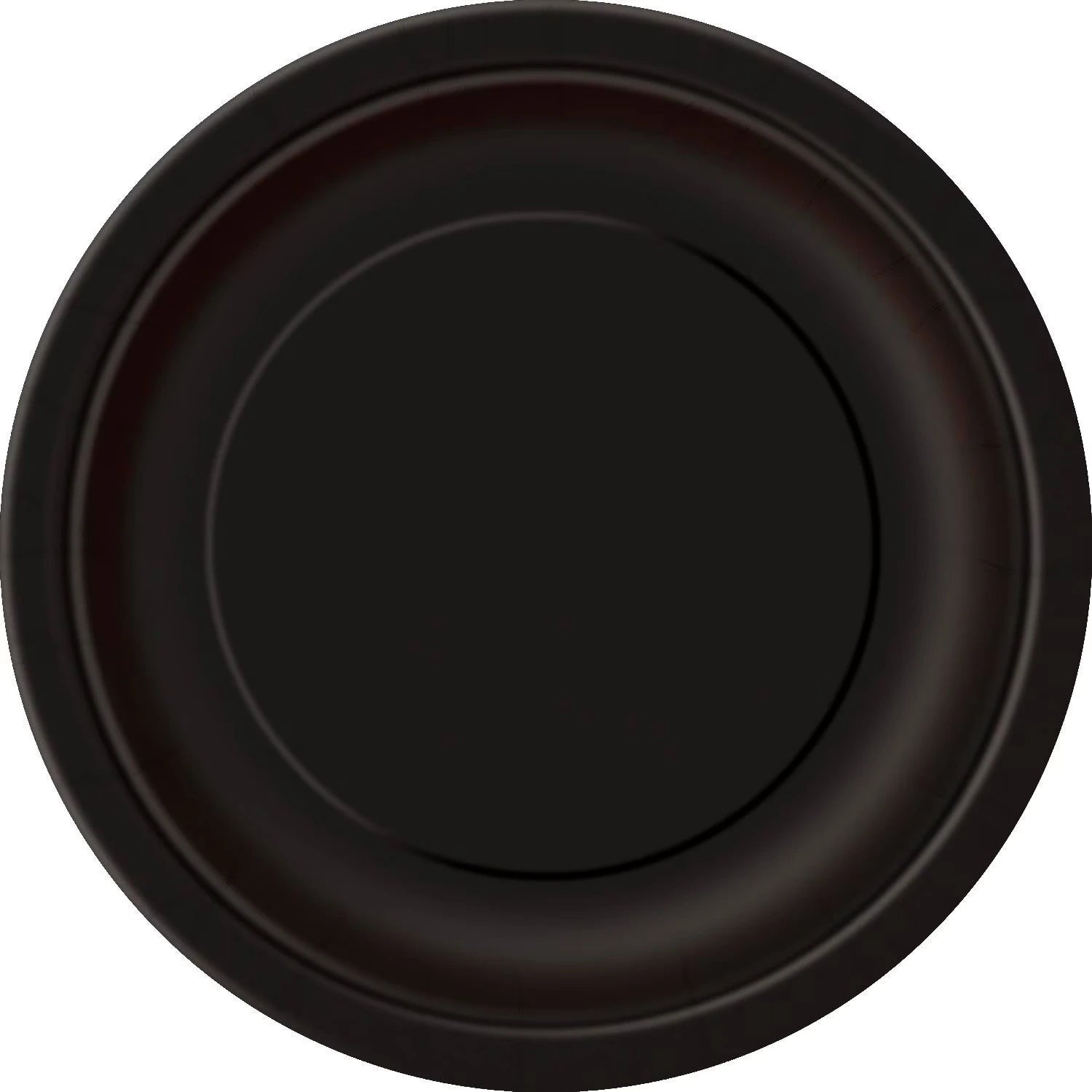 solid black colour; round shape; paper material; slight rim around edge; pack of 8 plates visible;