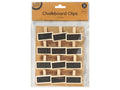 12 mini clips in pack; rectangular black chalkboard labels on each clip; natural light wood material; compact clip size (4 x 3.5 cm); packaged on brown card backing in clear plastic;