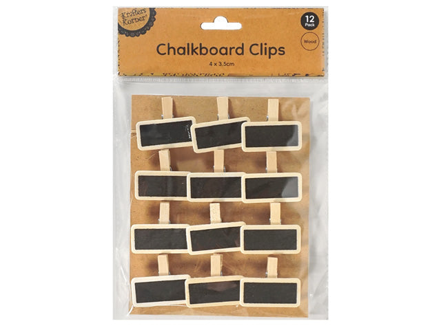 12 mini clips in pack; rectangular black chalkboard labels on each clip; natural light wood material; compact clip size (4 x 3.5 cm); packaged on brown card backing in clear plastic;