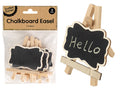 3 small easels in a pack; wooden frame; black chalkboard area with decorative edges; compact size 7 x 8 cm; written 'Hello' in chalk on one board;